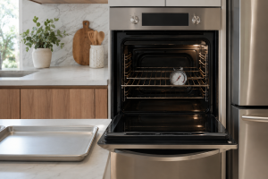 Oven thermometer on center rack during troubleshooting for inaccurate oven temperature.