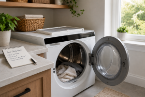 Dryer stopped for inspection after a burning smell in the laundry room.