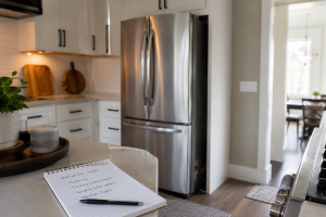 Refrigerator pulled slightly forward for noise troubleshooting in a modern kitchen.