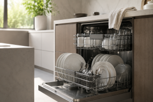 Wet dishes in an open dishwasher during drying troubleshooting.