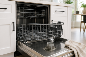 Open dishwasher with visible filter during troubleshooting for a dishwasher that will not drain.
