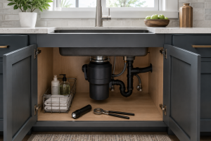 Garbage disposal under kitchen sink with flashlight and tongs for safe humming disposal troubleshooting.