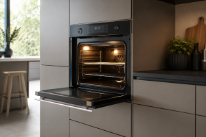 Home oven open during troubleshooting for an oven that will not heat.