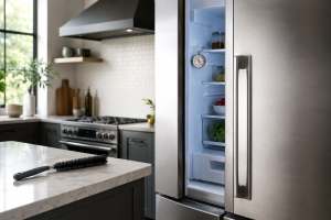 Refrigerator with thermometer inside during troubleshooting for a refrigerator running constantly.
