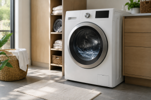 Front-load washer with standing water during drain troubleshooting.