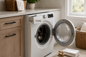 Front-load washer open during odor troubleshooting for a washing machine that smells bad.