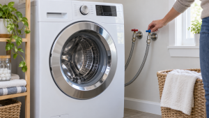 Homeowner checking the hot and cold water supply taps beside a front-load washing machine.