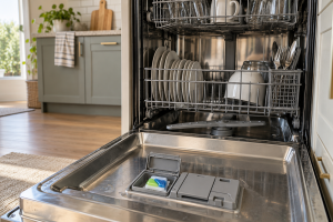 Open dishwasher with an undissolved detergent pod left in the dispenser cup.