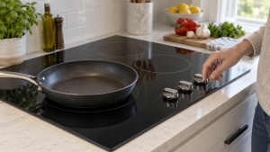 Homeowner checking an electric glass cooktop control with a flat pan on one burner zone.