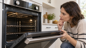 Homeowner looking at the upper broil element inside a cool oven with its door open.