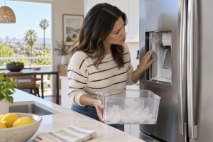 Homeowner inspecting a removed ice bin with clumped cubes beside a refrigerator dispenser.