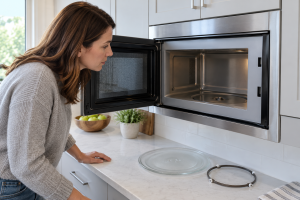 Homeowner checking the glass turntable and roller ring beside a cool microwave.