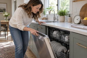 Homeowner checking the cycle display on an open dishwasher in a bright kitchen.