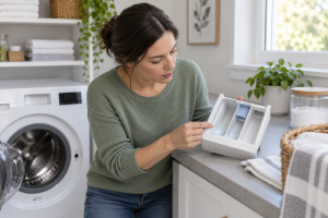Homeowner inspecting detergent residue in a removable front-load washer drawer.