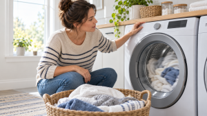 Homeowner watching a clothes dryer continue tumbling after the cycle.