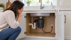 Homeowner looking at a silent garbage disposal and dry outlet under a kitchen sink.