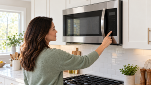 Homeowner checking unresponsive exterior controls on an over-the-range microwave.