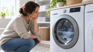 Homeowner checking a finished front-load washer with its door still locked.