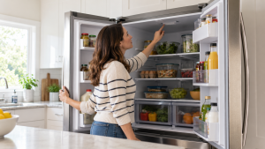 Homeowner checking the dark interior light of an open refrigerator.